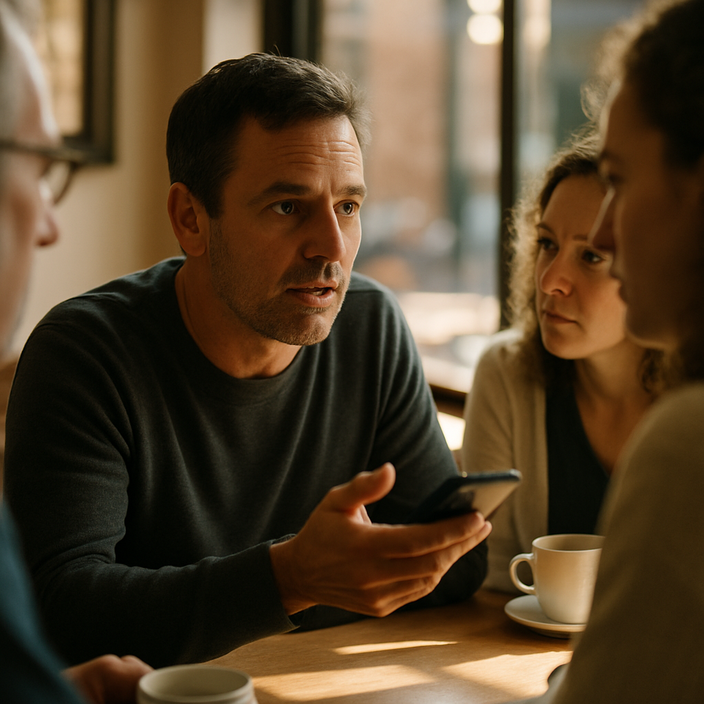 Man explaining adoption and recent genealogy message in a sunlit café