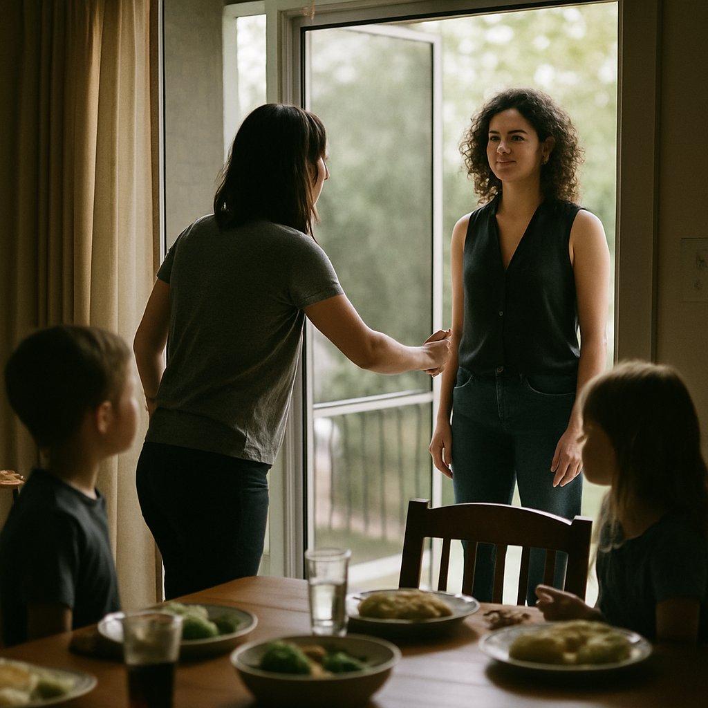 Woman opening screen door during family dinner to neighbor standing outside.