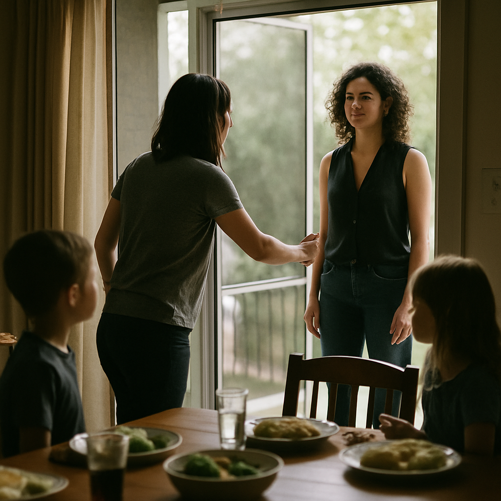 Woman opening screen door during family dinner to neighbor standing outside.