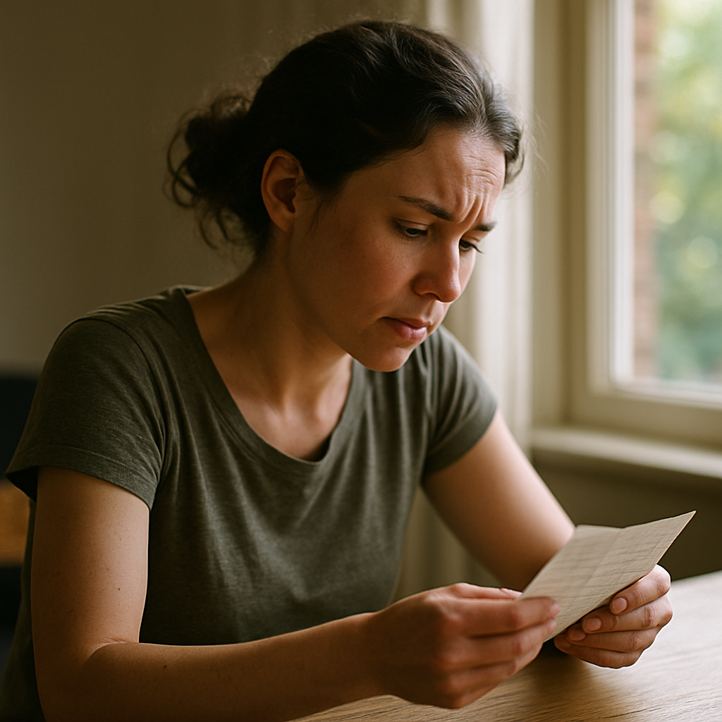 Woman reading a handwritten note in natural light.