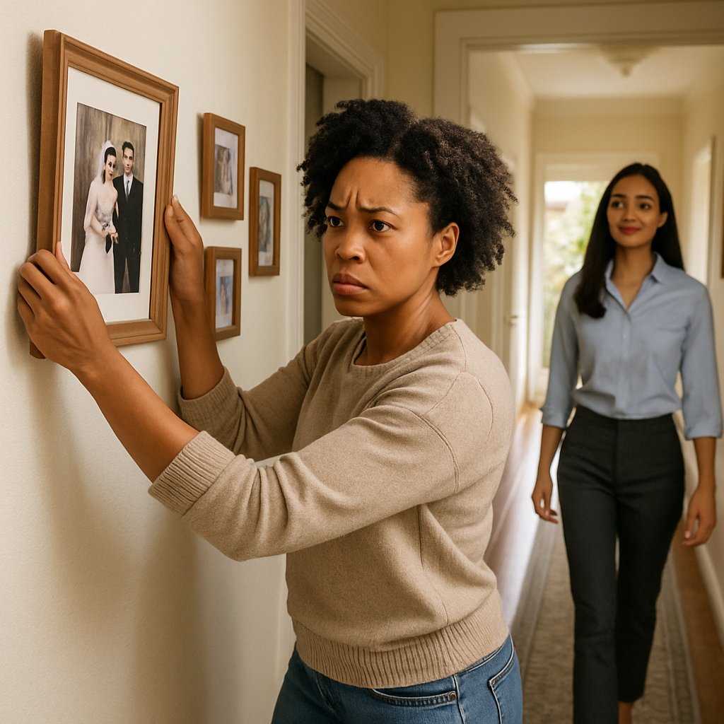 Woman adjusting tilted wedding photo frame while Mia watches nearby in hallway.