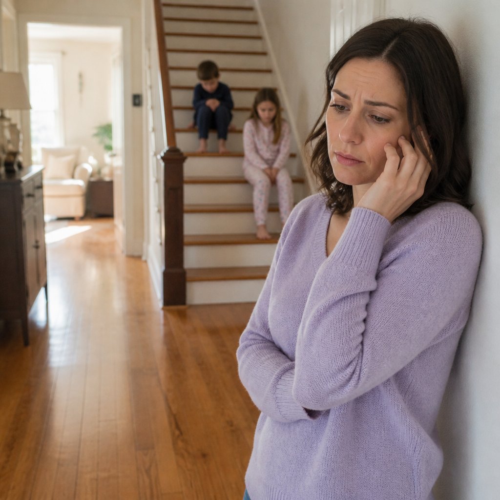 Woman in lavender sweater on phone in hallway, two quiet children on stairs behind her.
