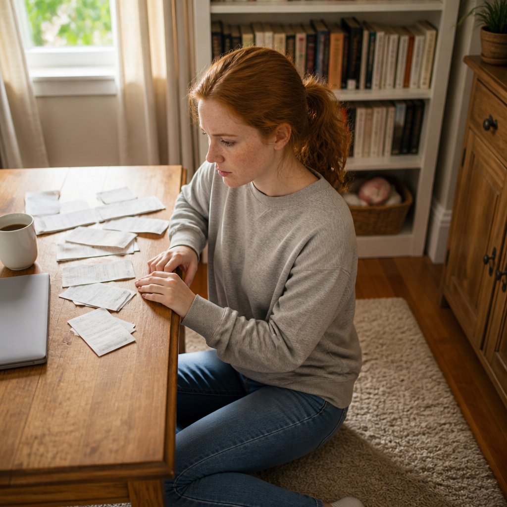 Woman nervously tapping desk edge sitting on rug in home office