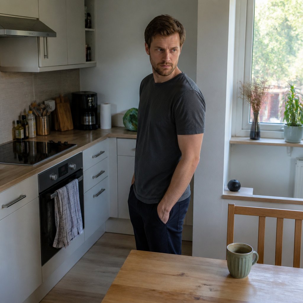 Man noticing a small hidden camera watching the kitchen table.