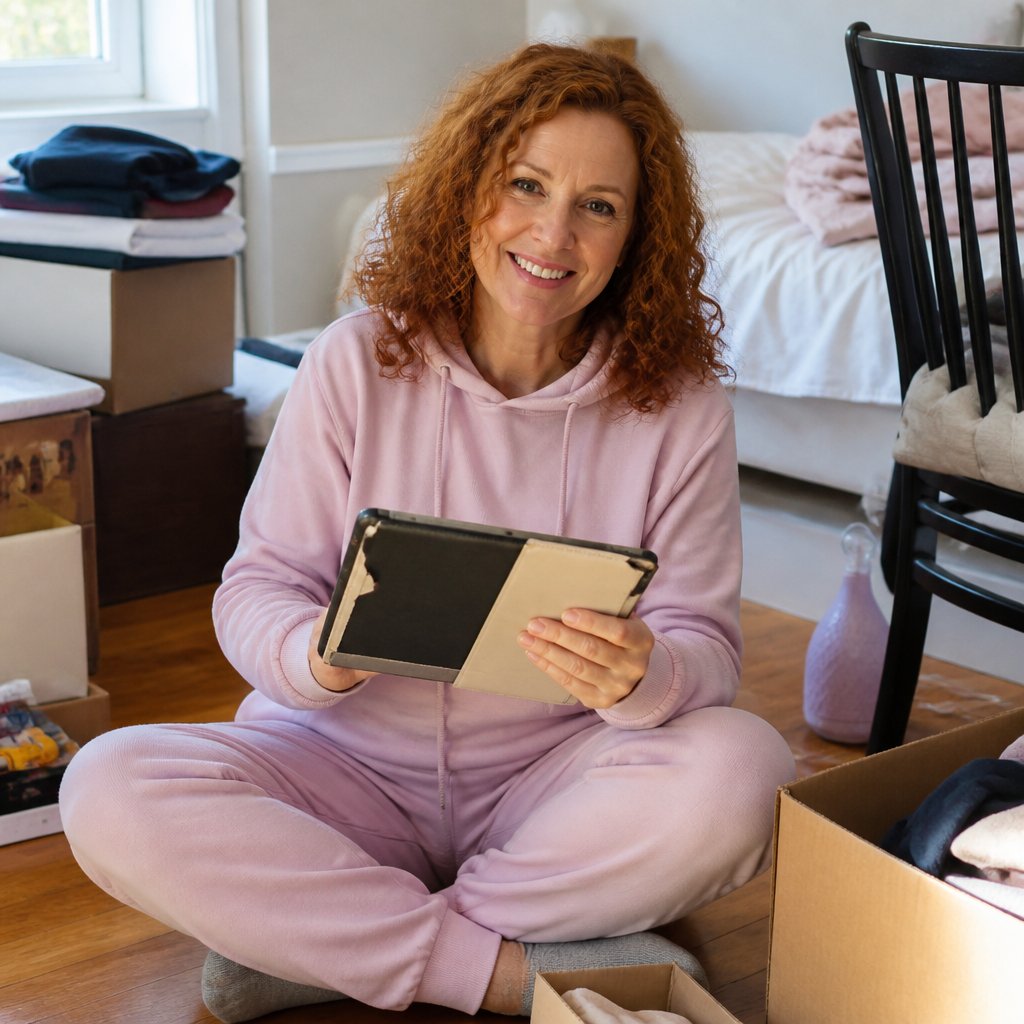 Woman in pink hoodie holding old iPad on floor of cluttered guest room.