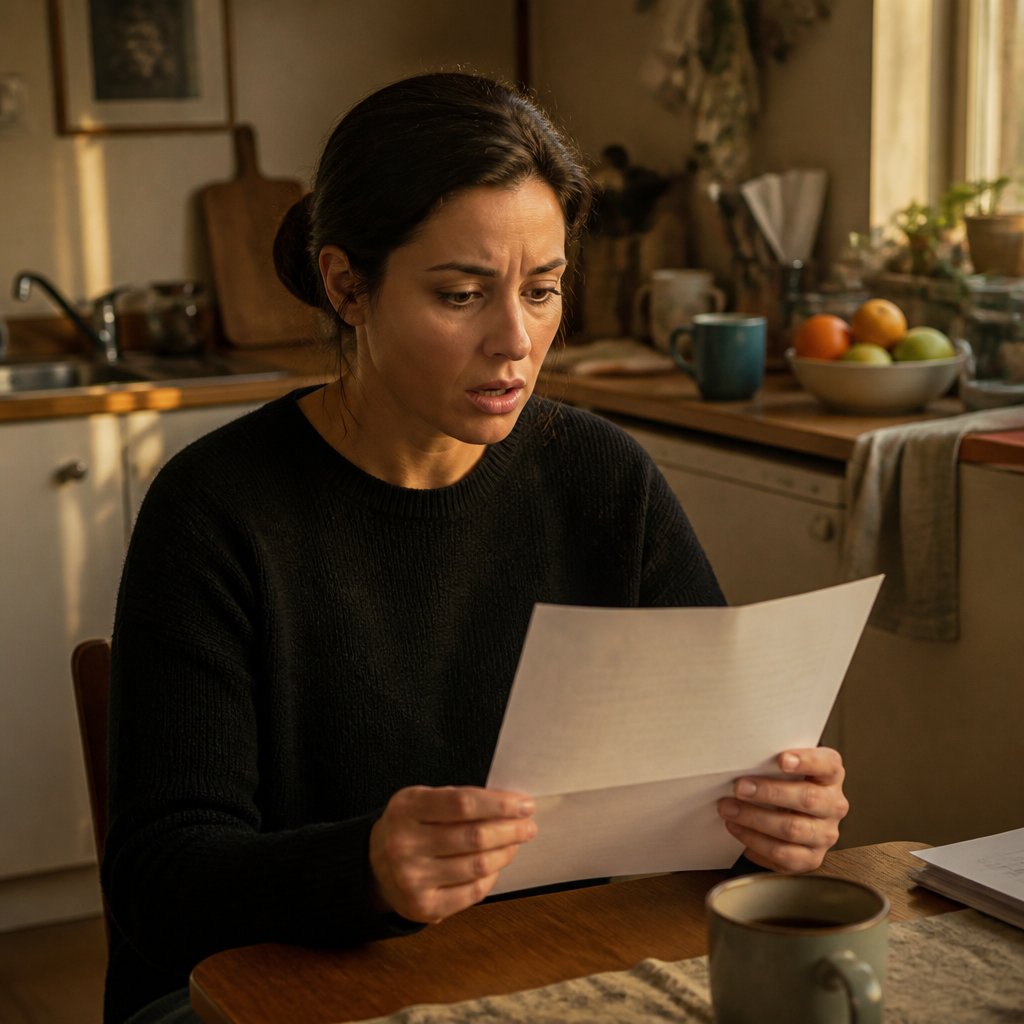 Woman reading a legal accusation letter at her kitchen table, looking shocked and worried.