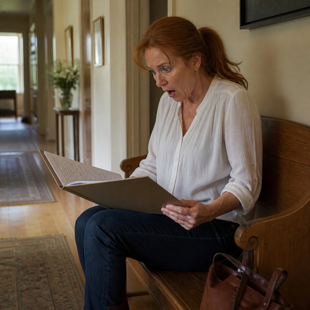 Woman discovering secret notes in a folder from a bag on a hallway bench