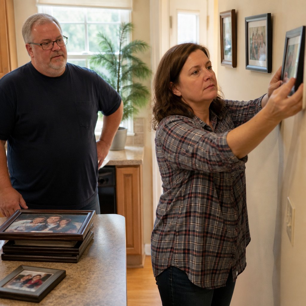 Woman rehanging original photos in kitchen with stacked frames on counter