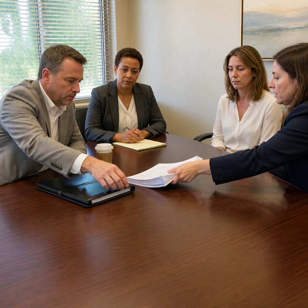 In a mediation office, Cal reaches for his binder as Ivy’s attorney slides printed pages across the table and the mediator watches him closely.