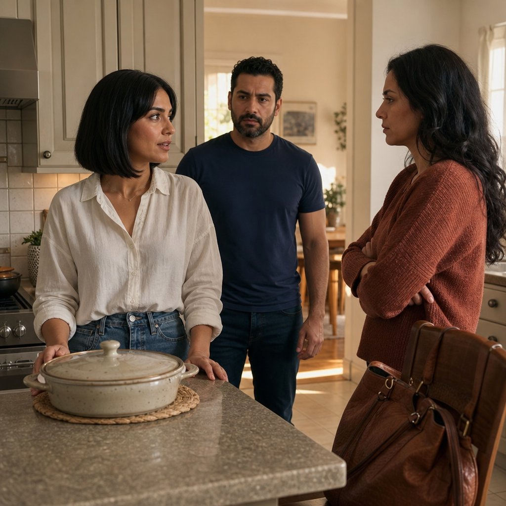 In a kitchen, a woman with a bob haircut questions a guarded woman while a bearded man enters, conflicted, with a purse on a chair.