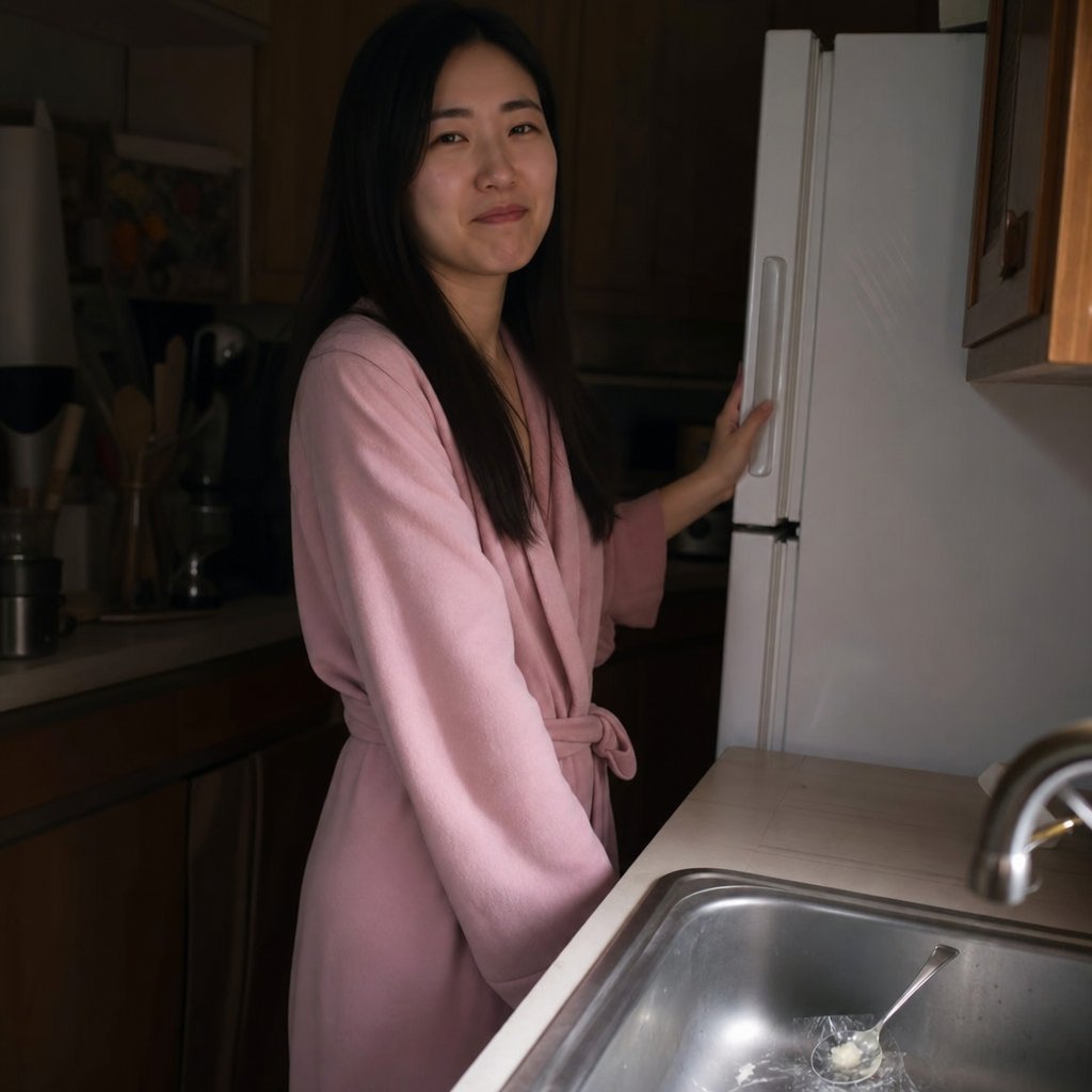 Mara stands by the freezer in a pink robe, forcing a controlled smile.