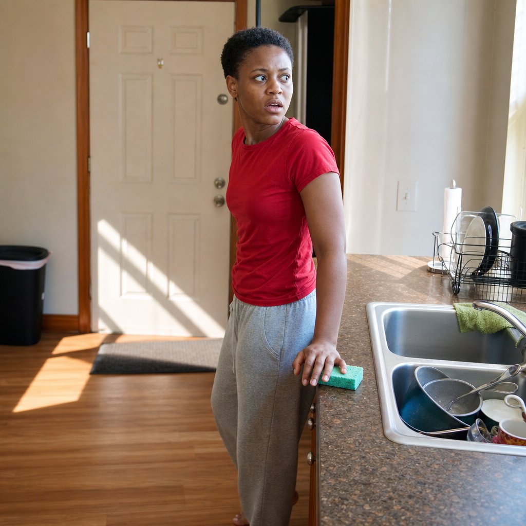 Mara stands frozen in her kitchen as the front door handle turns, her face strained with fear and disbelief.