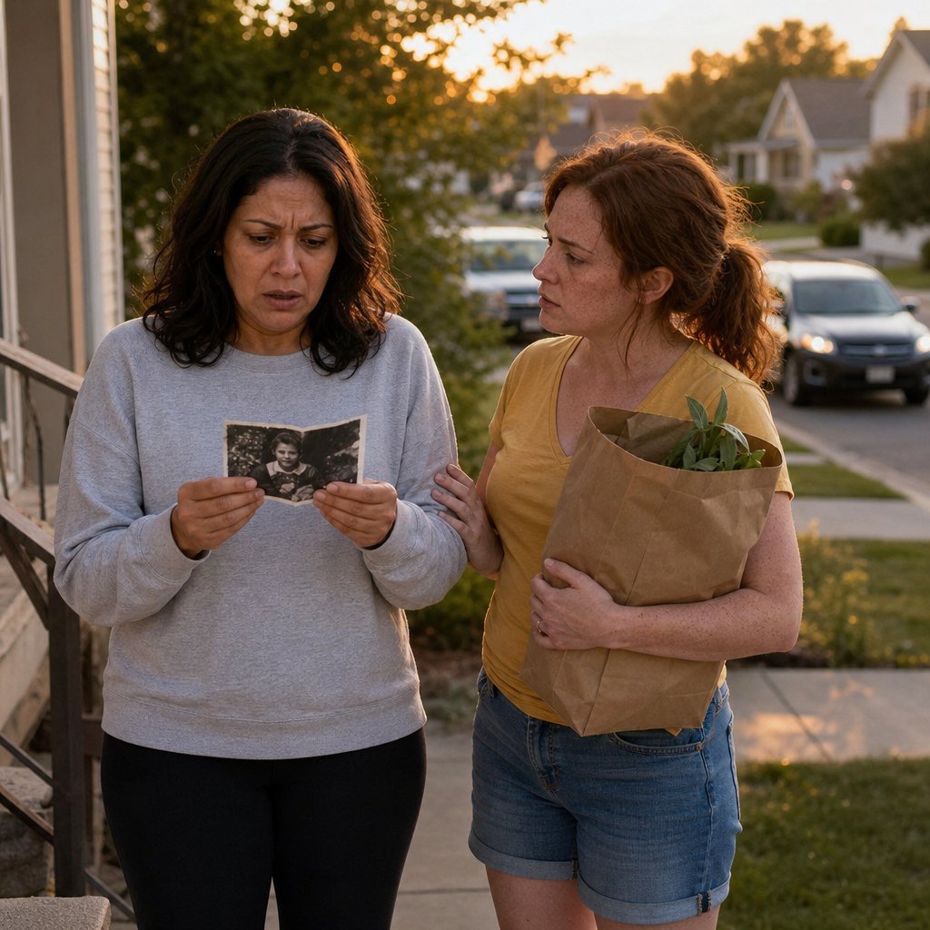 Mara stands on her front step holding a printed photo while her neighbor comforts her, a dark SUV approaching in the background.