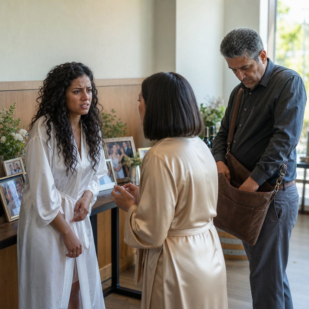 The bride faces her sister and the stranger as something is pulled from a bag, tensions peaking.