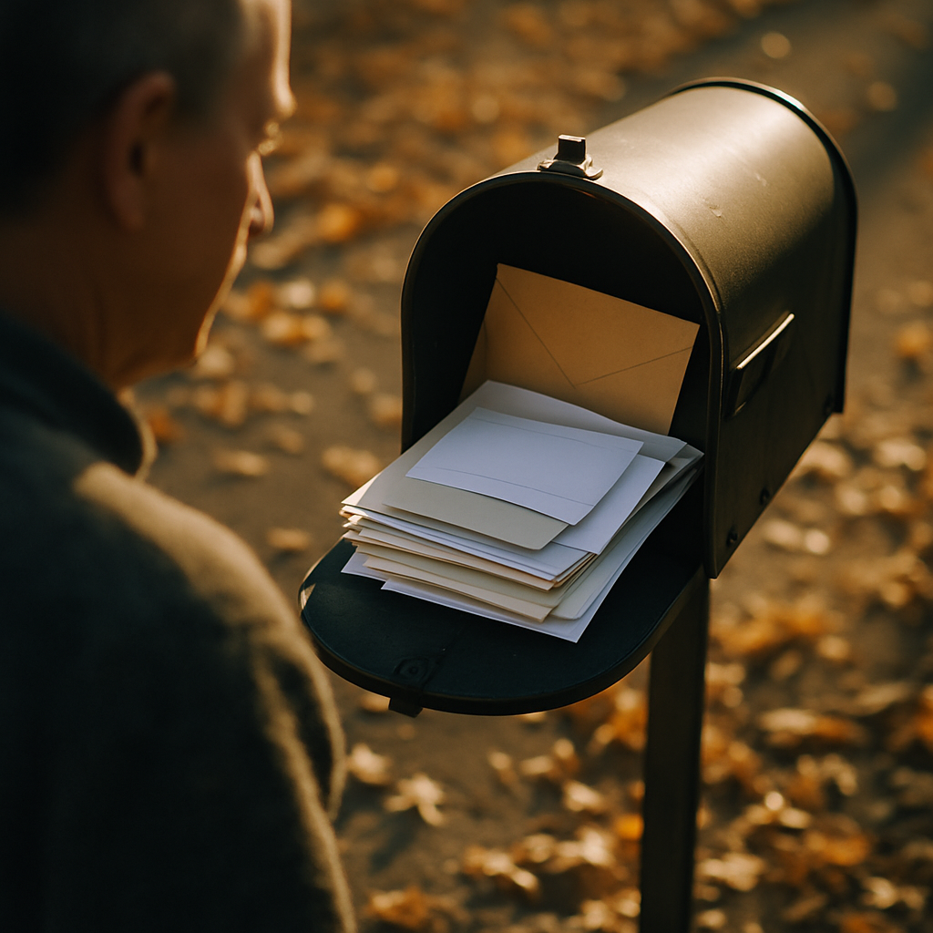 Mailbox filled with envelopes, fallen leaves on ground in late afternoon light