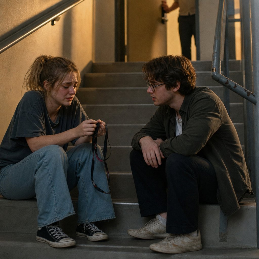 In the stairwell, Tessa breaks down and confesses what happened at a conference as a door opens above them.