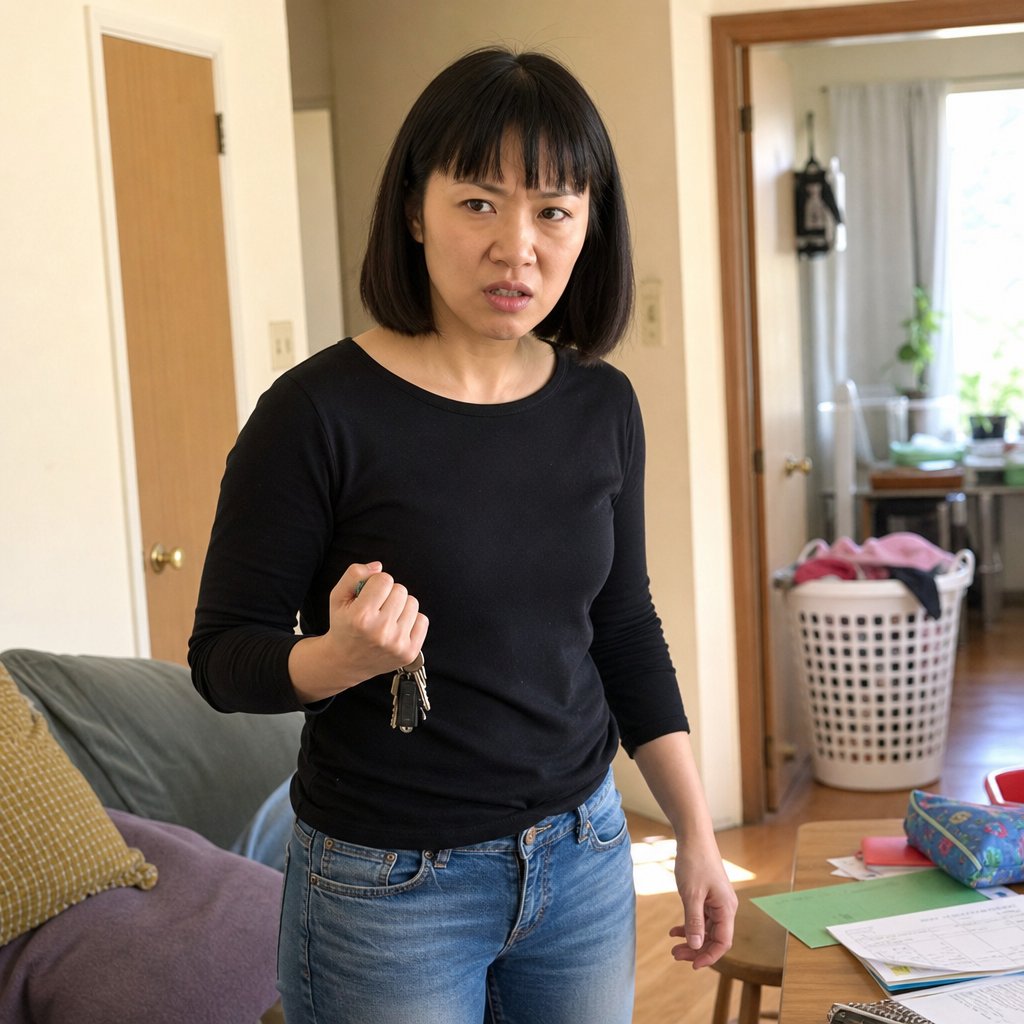 Iris stands in her apartment gripping keys, tense as if receiving a threatening update.