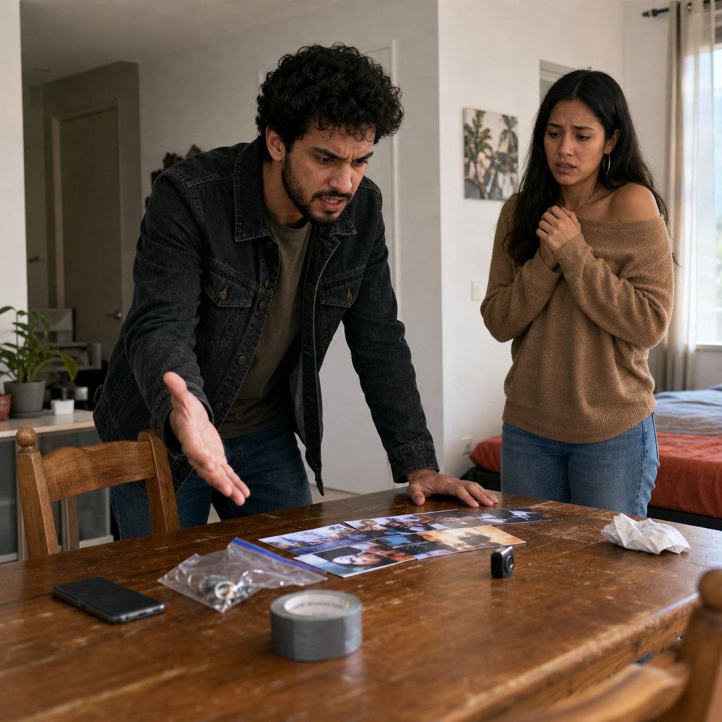Ivy and Lina stand over a table of evidence—keys, receipt, and a small camera—while Ivy’s phone buzzes face-down.