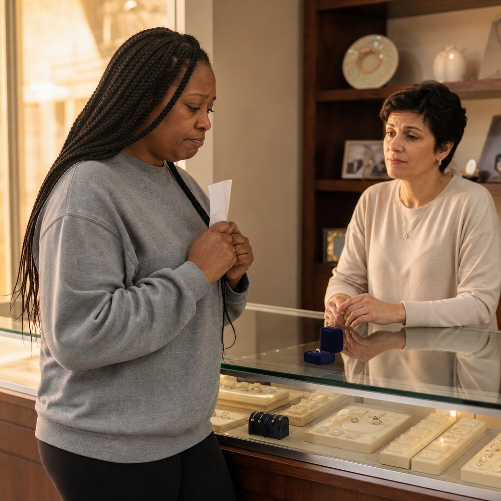 A woman in an oversized sweatshirt holds a receipt at a jewelry counter while an associate looks on, concerned.