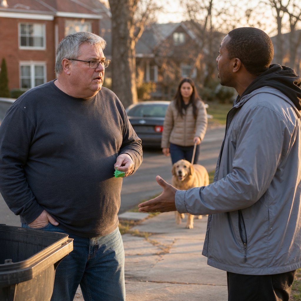 A man with glasses holds a piece of green plastic as a neighbor gestures; in the distance a woman walks a golden retriever down the street.