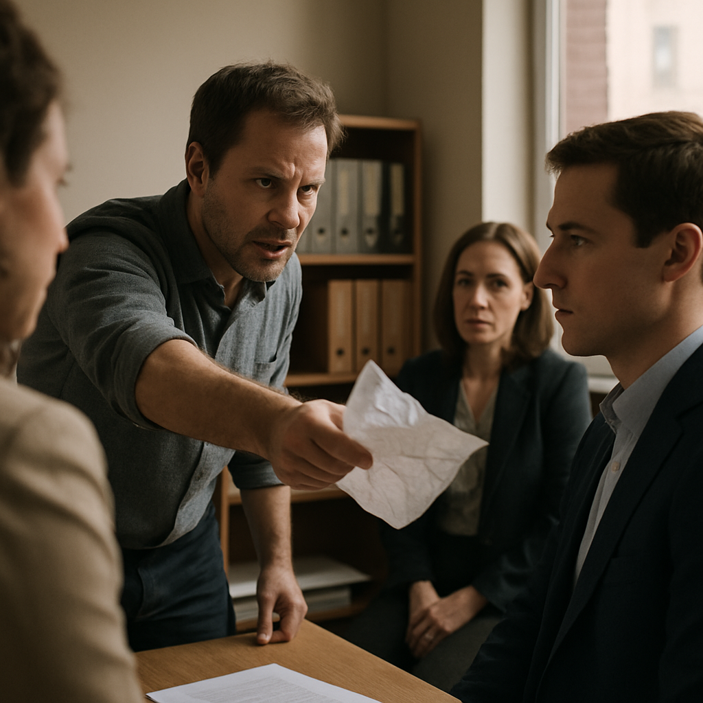 Man presenting juvenile record to accuse another, tense small office scene