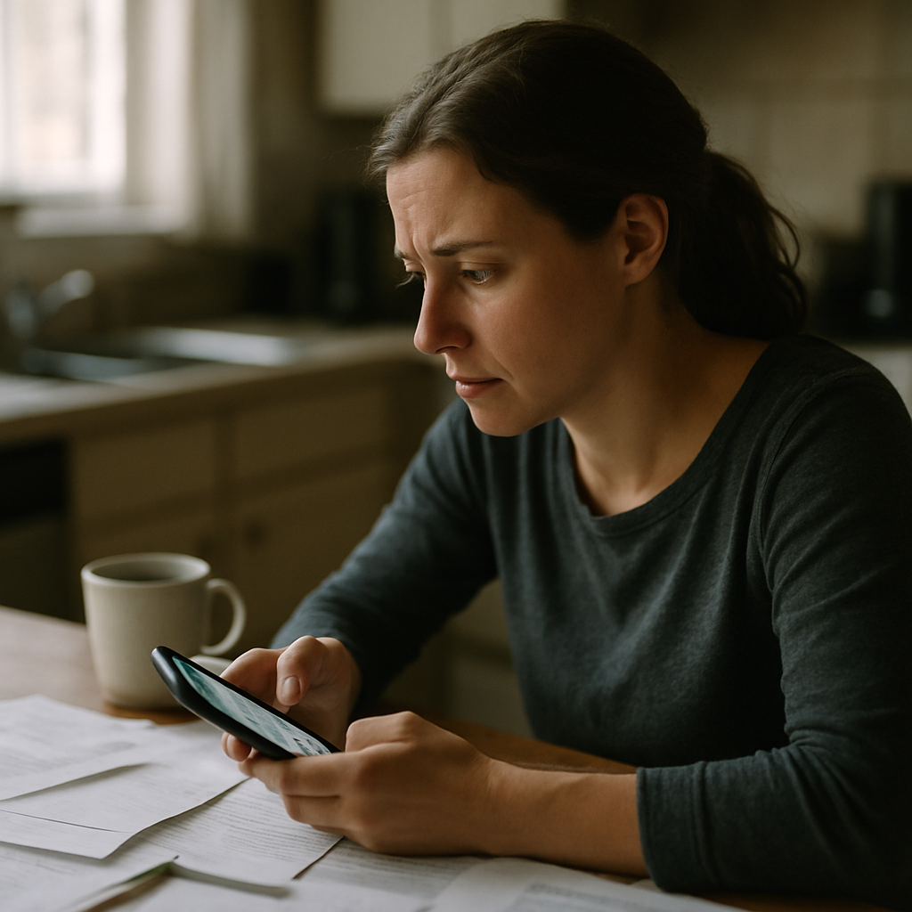 Woman looking concerned while viewing messages on phone at kitchen table.