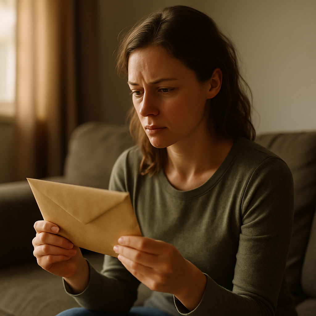 Woman holding a sealed envelope looking cautious in natural light.