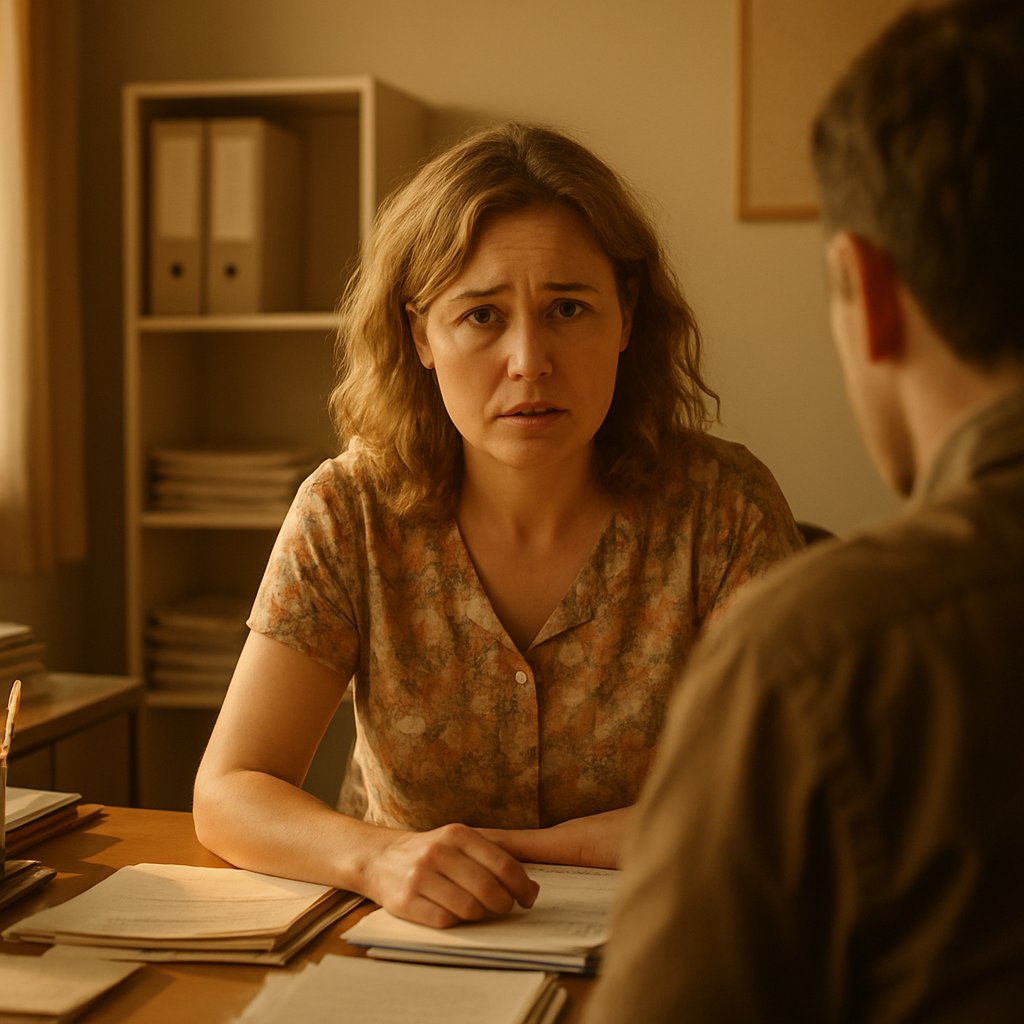 Concerned notary woman speaking to man, empty shelf visible behind.