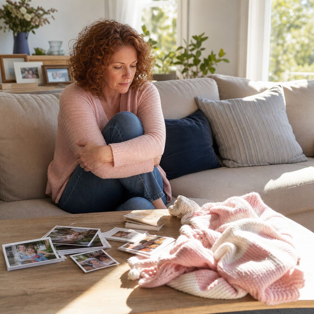 Woman looking sadly at her phone on a couch, surrounded by family photos and baby items.