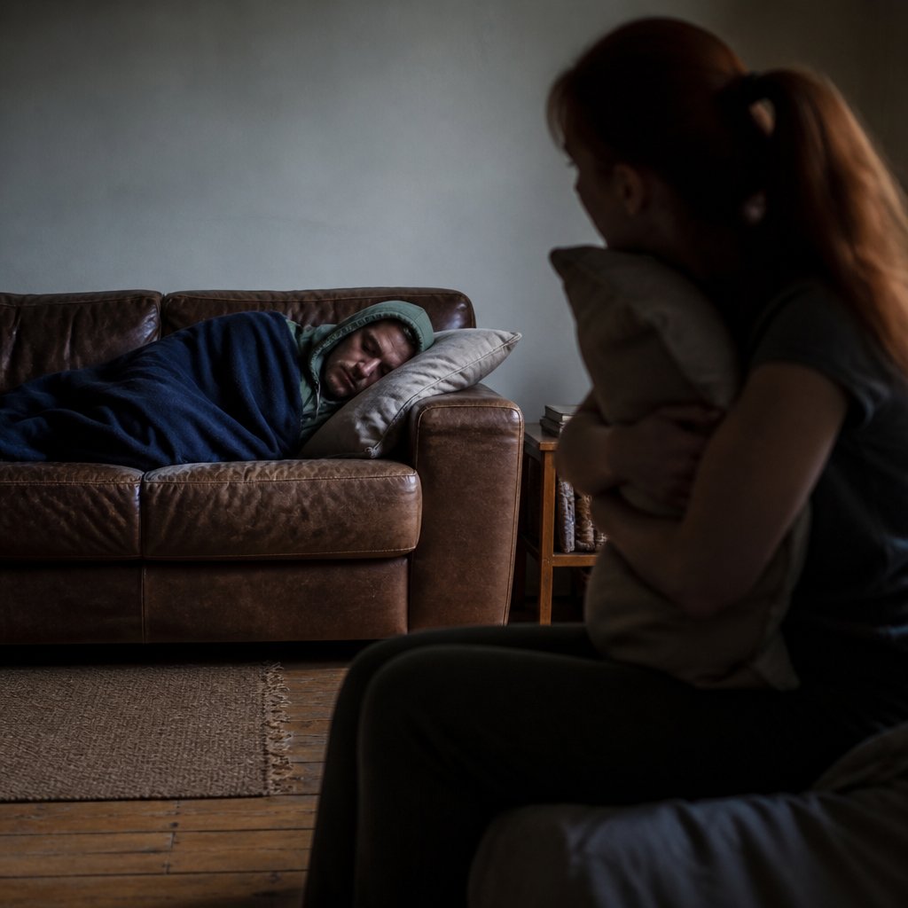 Man sleeping on couch wrapped in blanket, woman hugging pillow on bed in foreground
