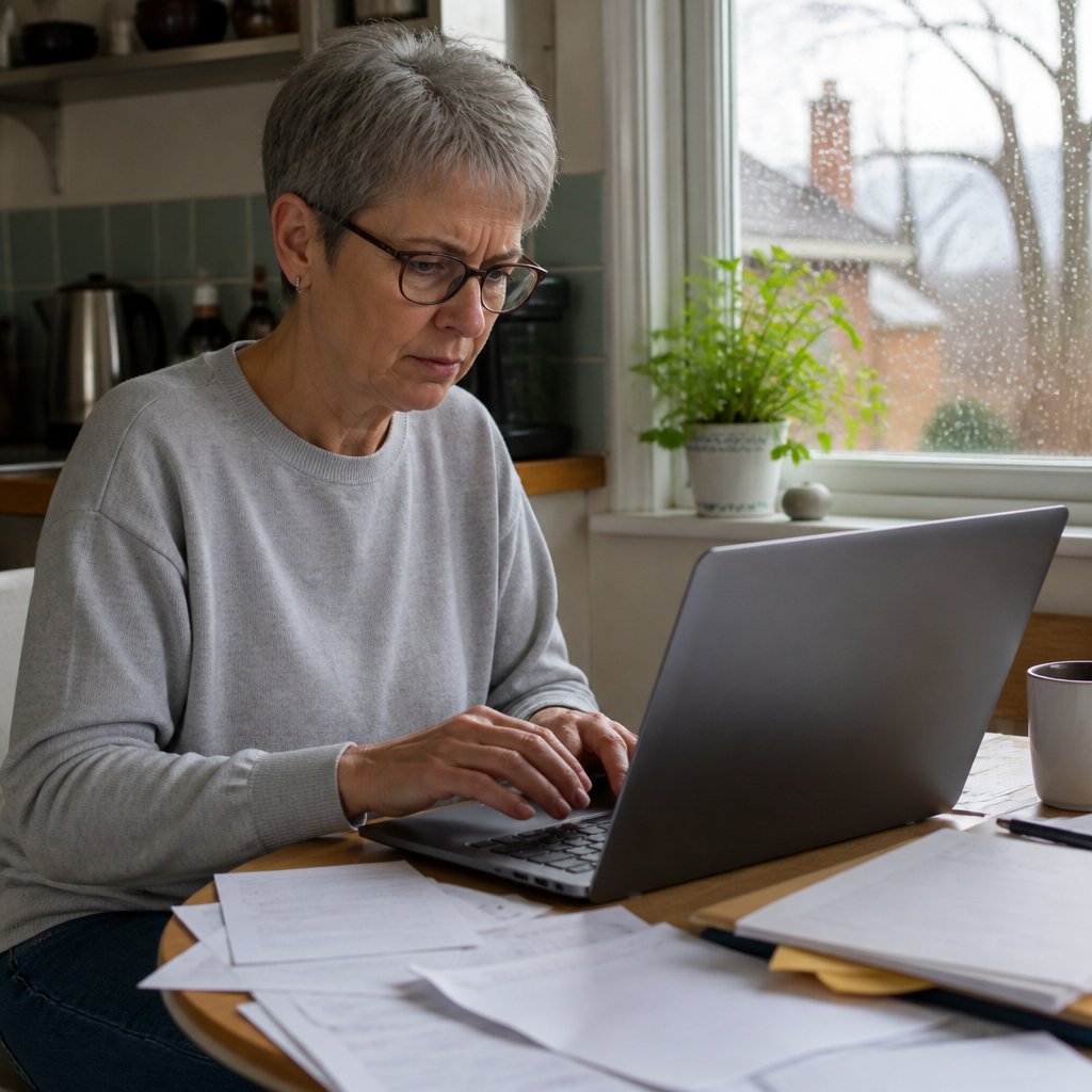 Woman in gray sweatshirt reading a document with comments on a laptop, sitting at kitchen table during a rainy evening.