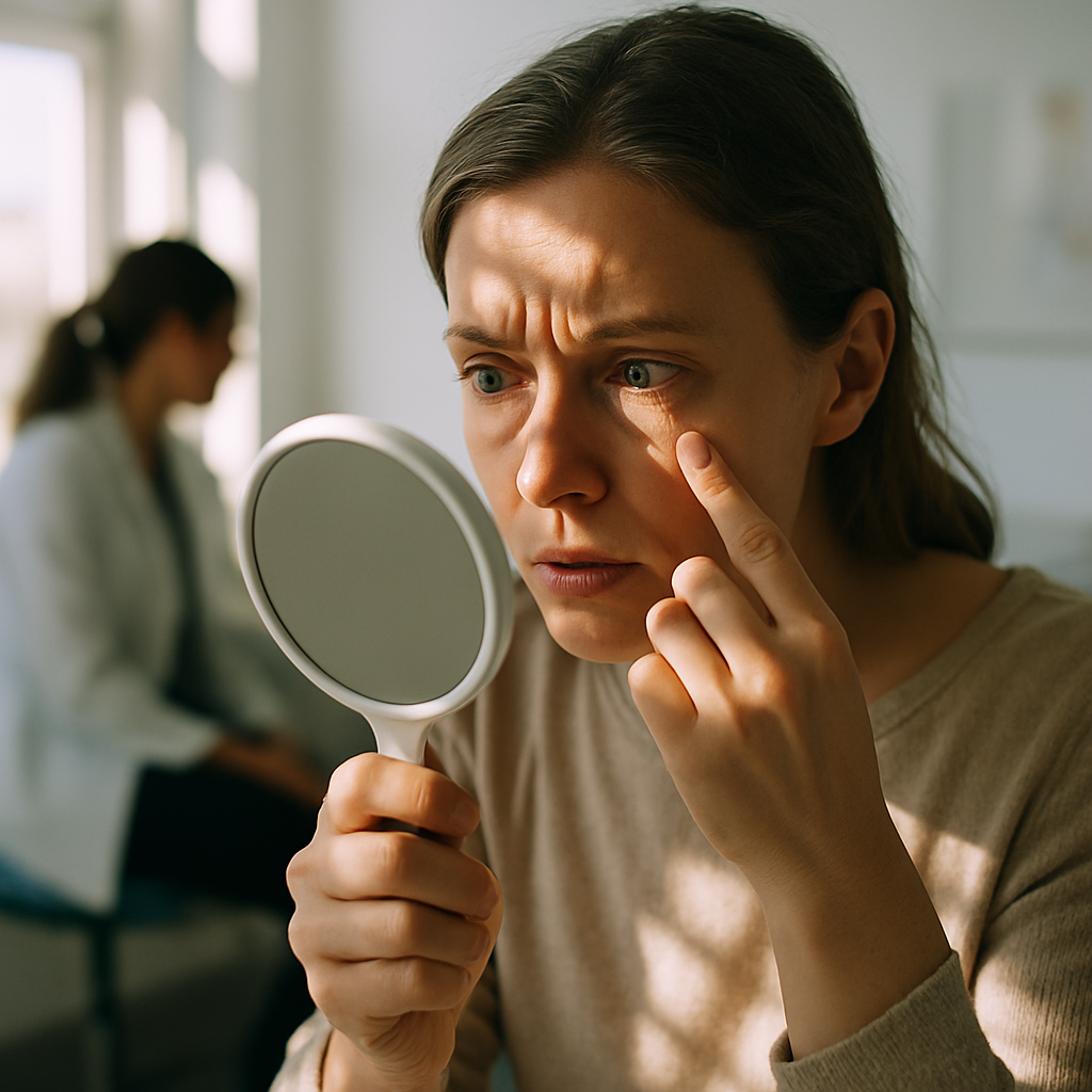 Woman looking closely at her eyes in a mirror under sunlight in an examination room.