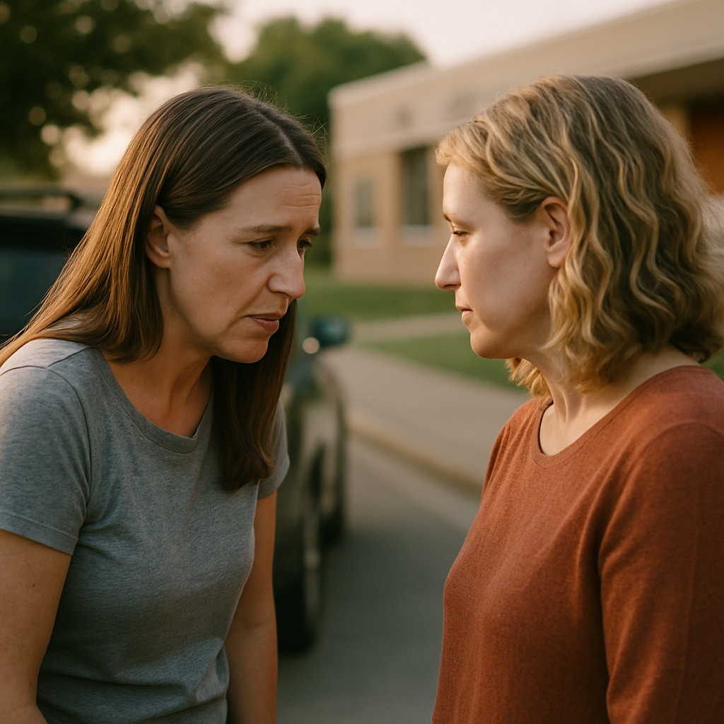 Two women talking quietly in a school parking lot during pickup time.