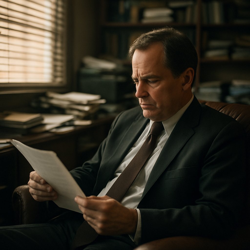 Serious middle-aged lawyer in his cluttered office reviewing documents.