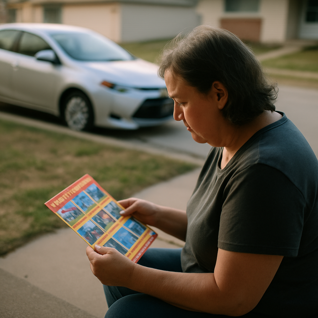 Person looking at a contractor flyer left on their doorstep, worried expression, suburban street background