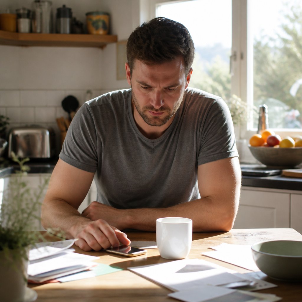 Man sitting at kitchen table looking down at phone on the table, tense expression.