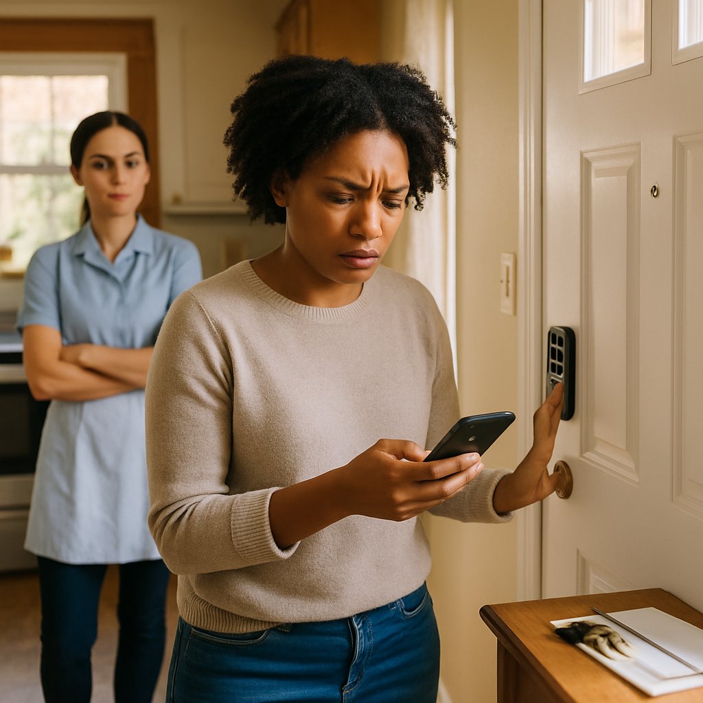 Woman checking smart lock code with concerned expression, nanny watching silently nearby.