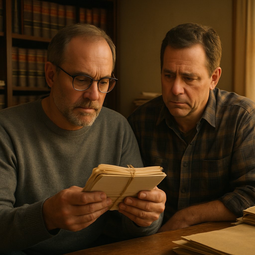 Two brothers in a lawyer’s office examining old letters with concerned expressions.