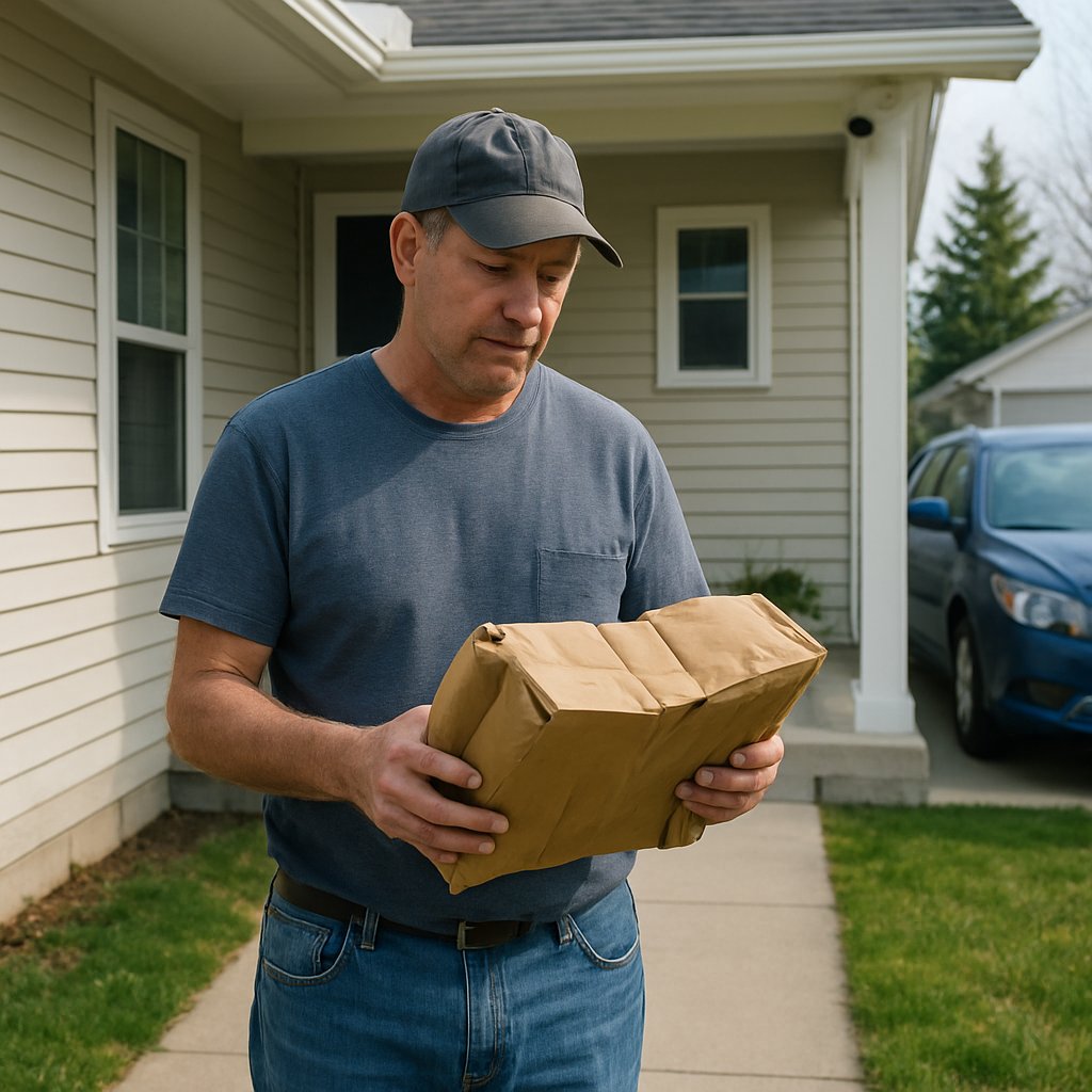 Man holding crumpled cardboard box on suburban sidewalk with porch security camera visible overhead.