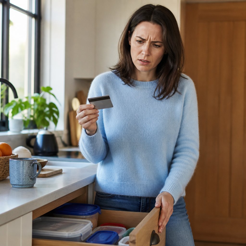Woman in blue sweater holding a credit card in kitchen drawer looking concerned.