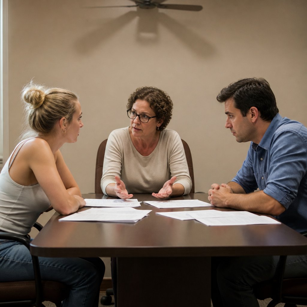 Three adults sit around a mediation table; the young blonde woman looks calm but attentive, the man looks tense, and the mediator has a serious expression.