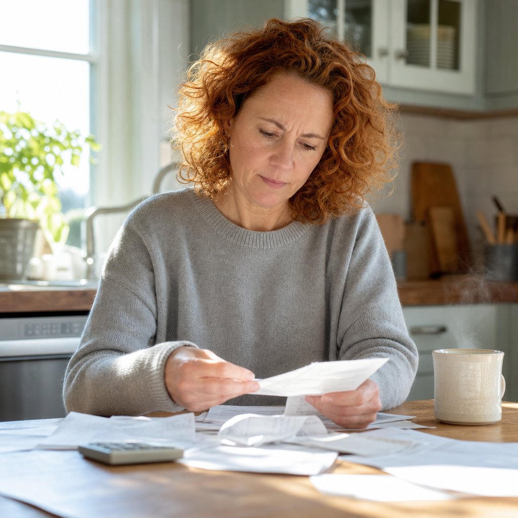 Woman saving screenshots on phone at kitchen table with papers and mug nearby.