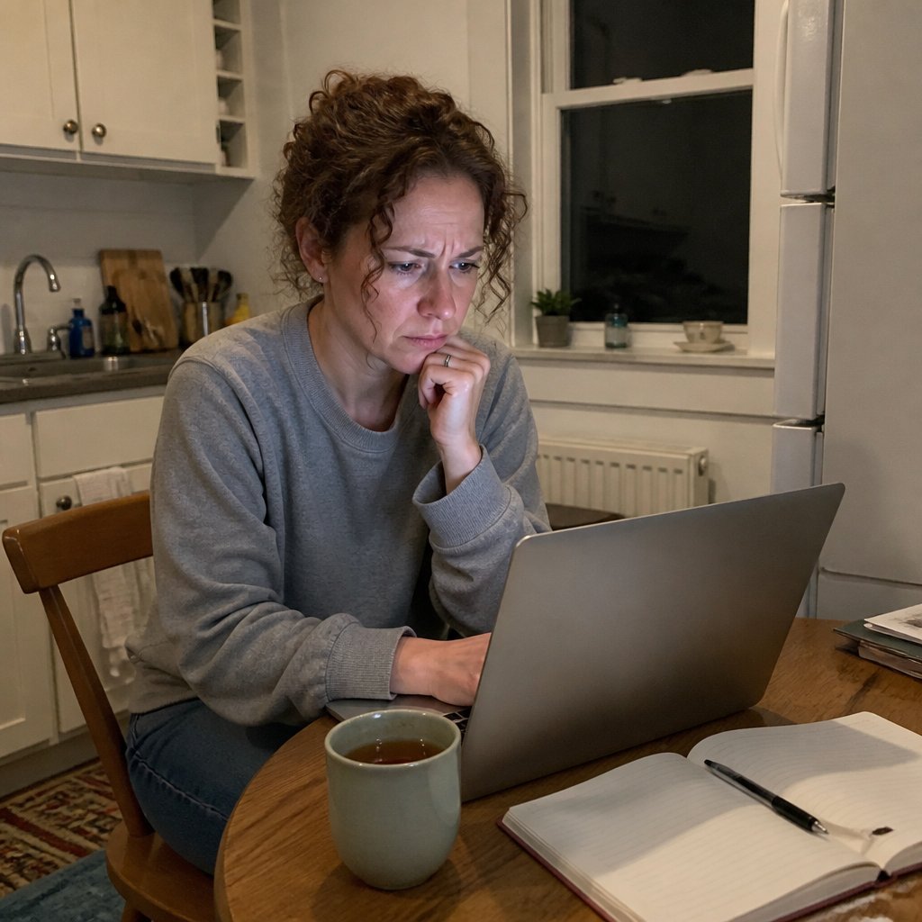 Woman in casual clothes at kitchen table looking confused at laptop screen late at night.