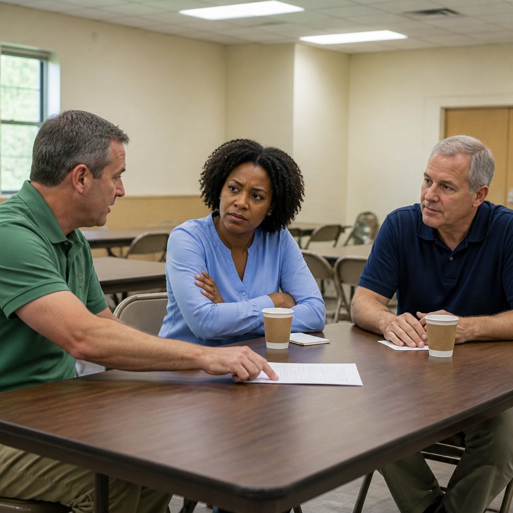Three people in a community center meeting room during a mediation, one sliding a paper across the table