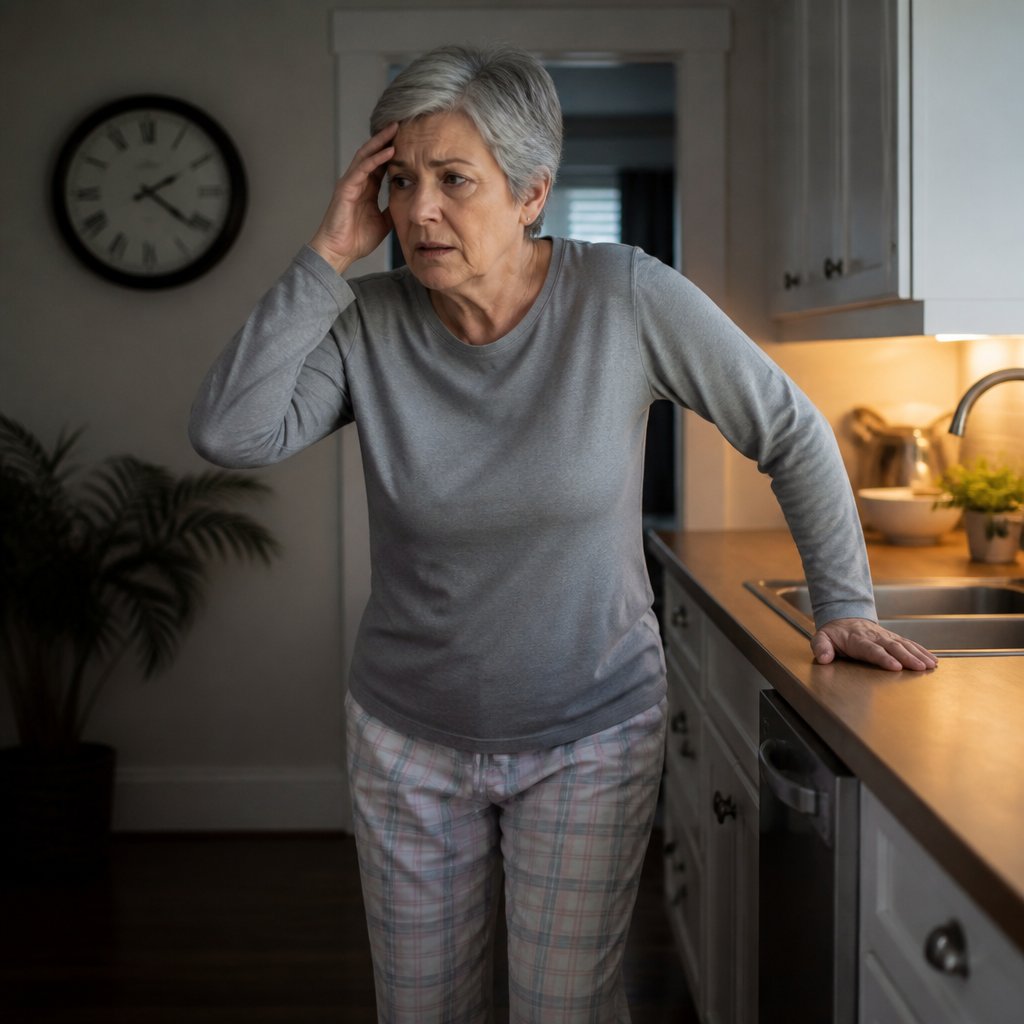 Woman unsteady in kitchen, holding countertop, evening clock visible
