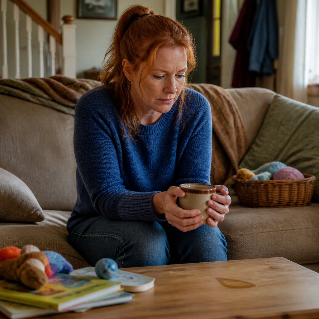 Worried woman sitting on a couch holding a mug, surrounded by family clutter.
