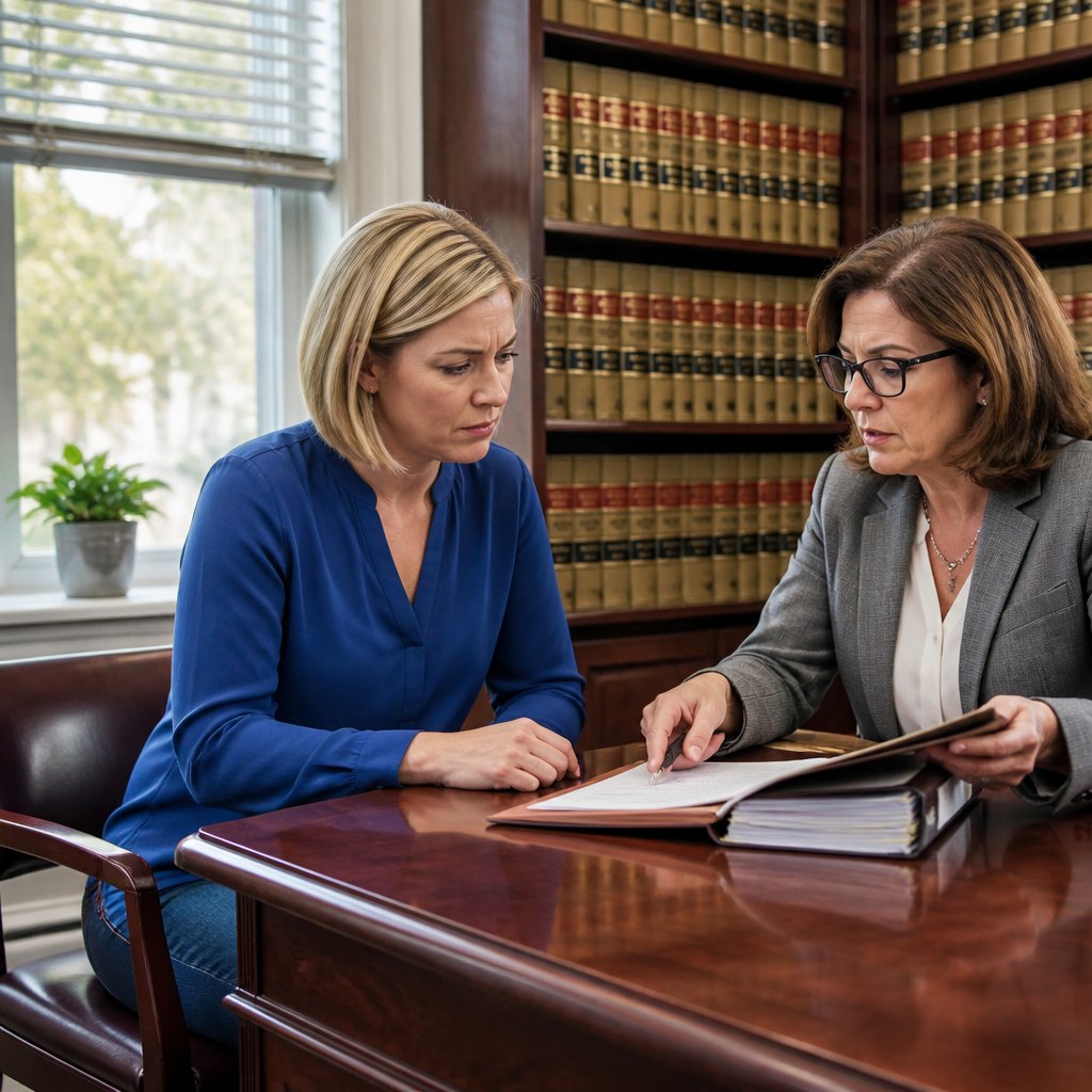 Woman consulting with a probate lawyer in a book-lined office, both looking serious and thoughtful.