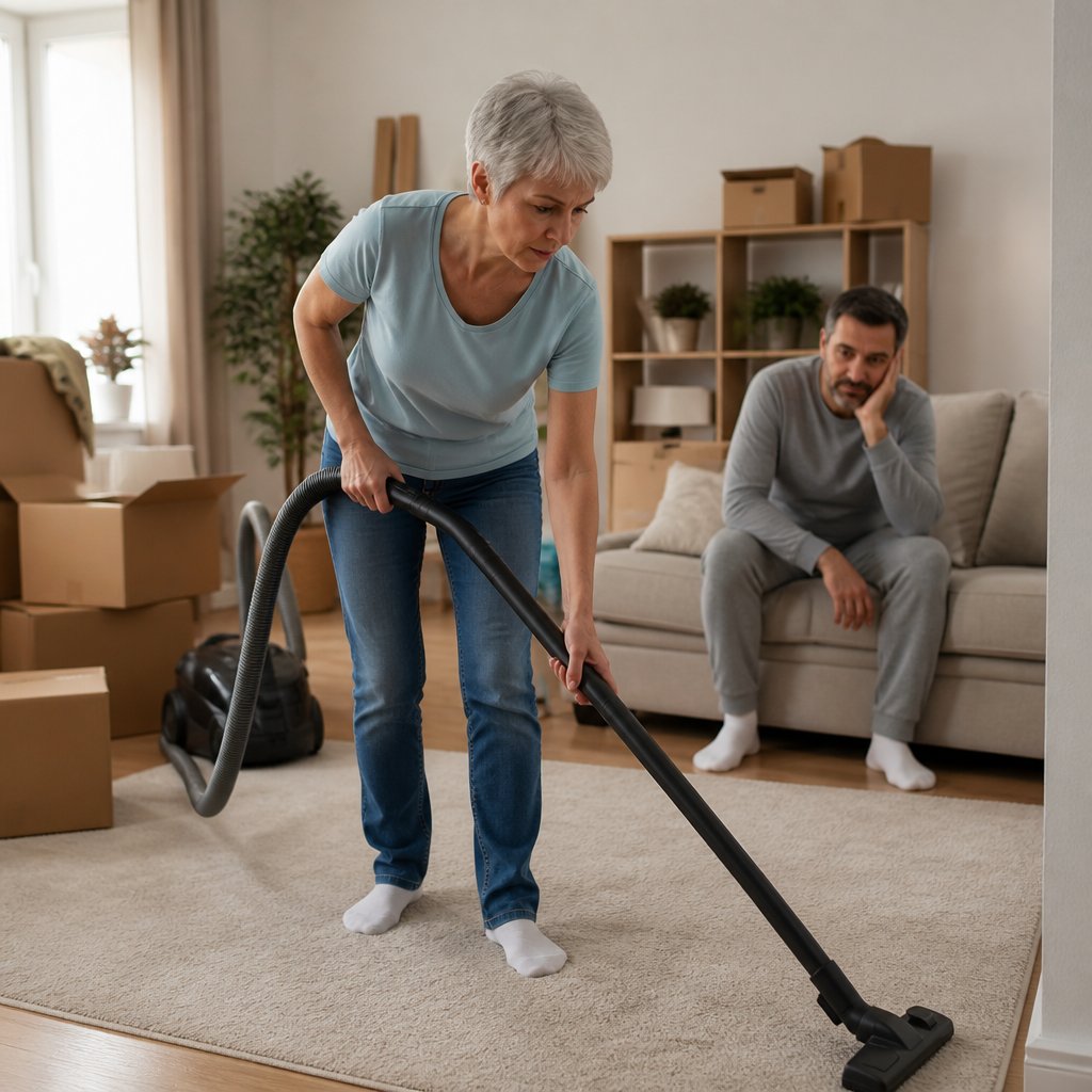 Woman vacuuming living room carpet with a concerned man watching from the sofa.
