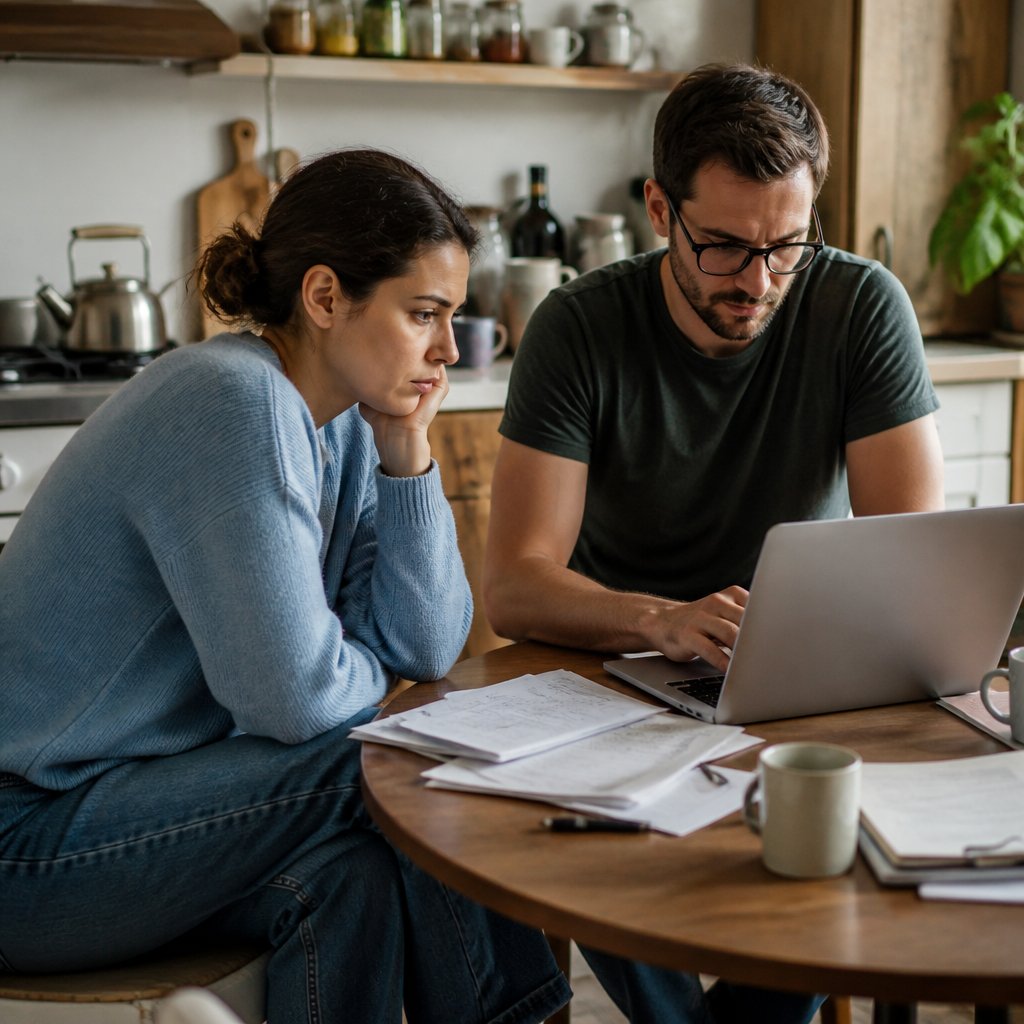 Worried woman and focused man examining device logs in a cozy kitchen.