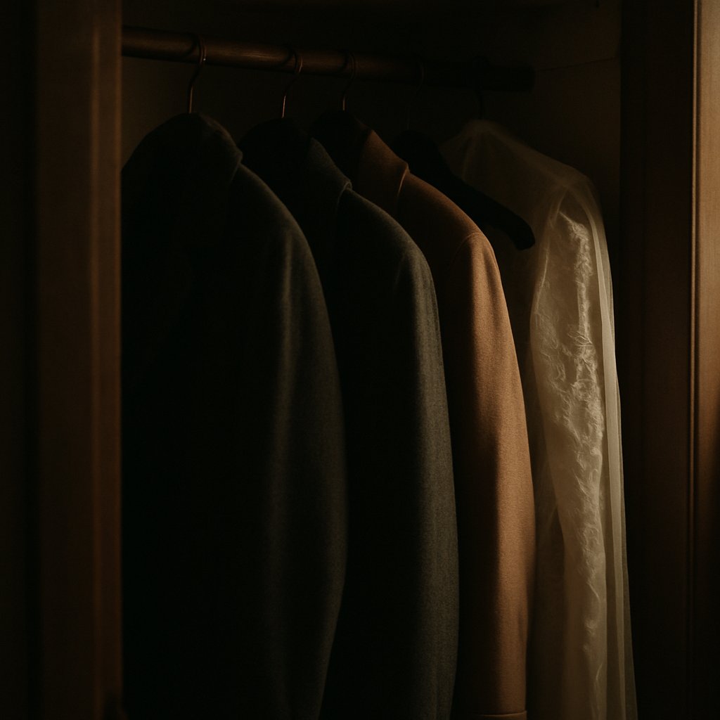 Closet door slightly open with white lace dress bag inside
